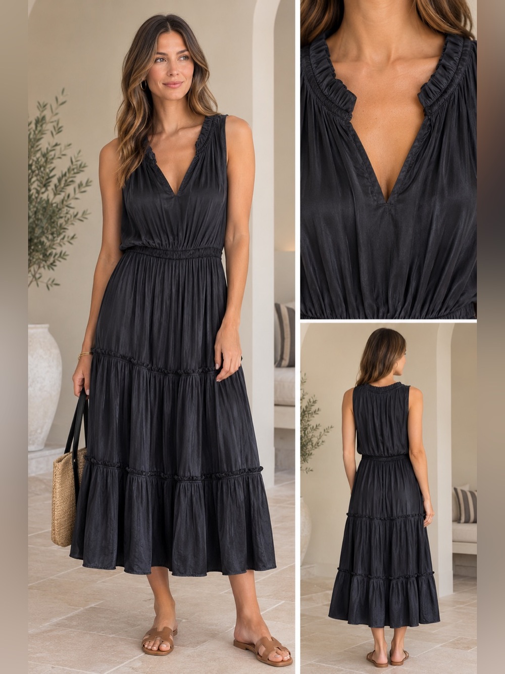 GAP Black Sleeveless V-Neck Tiered Maxi Dress